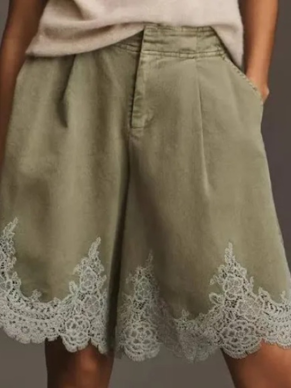 Anthropologie Olive Lace-Trim Bermudas
